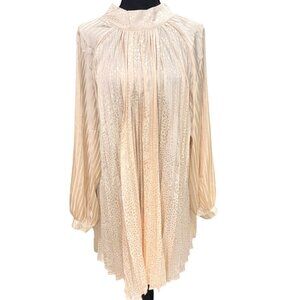 NWT Beulah Style Women Pleated Long Sleeve Cream Dress Bow Tie Neck Animal Print